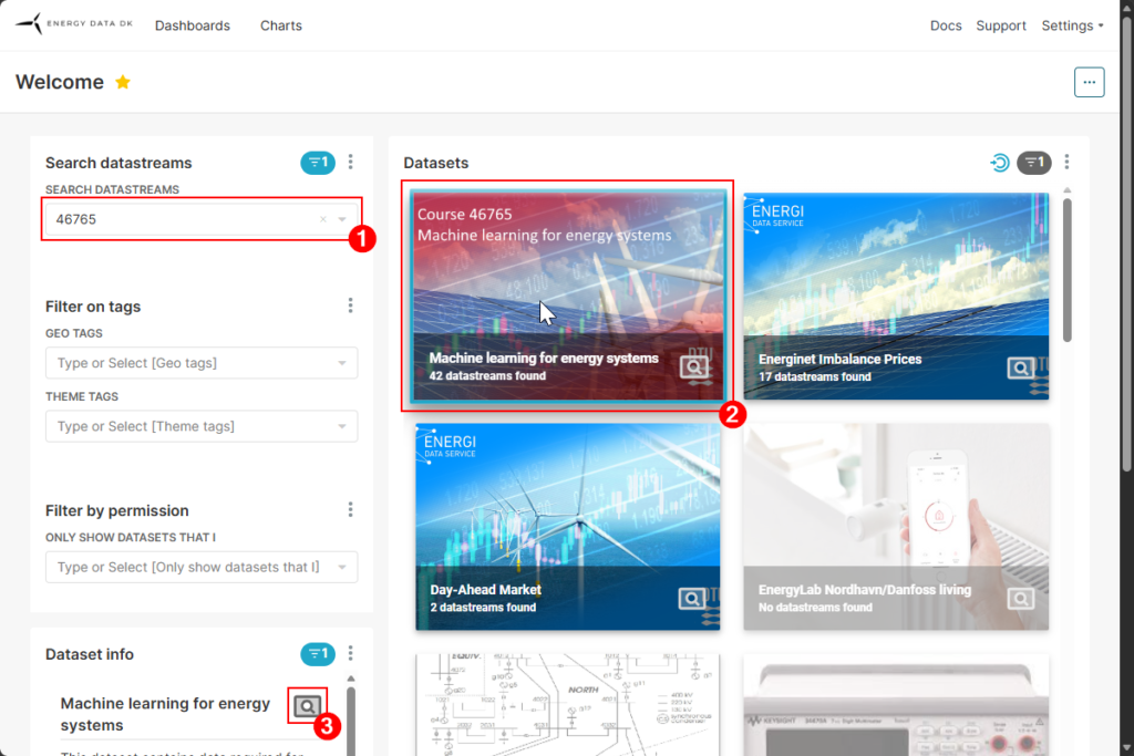 Datasets screen